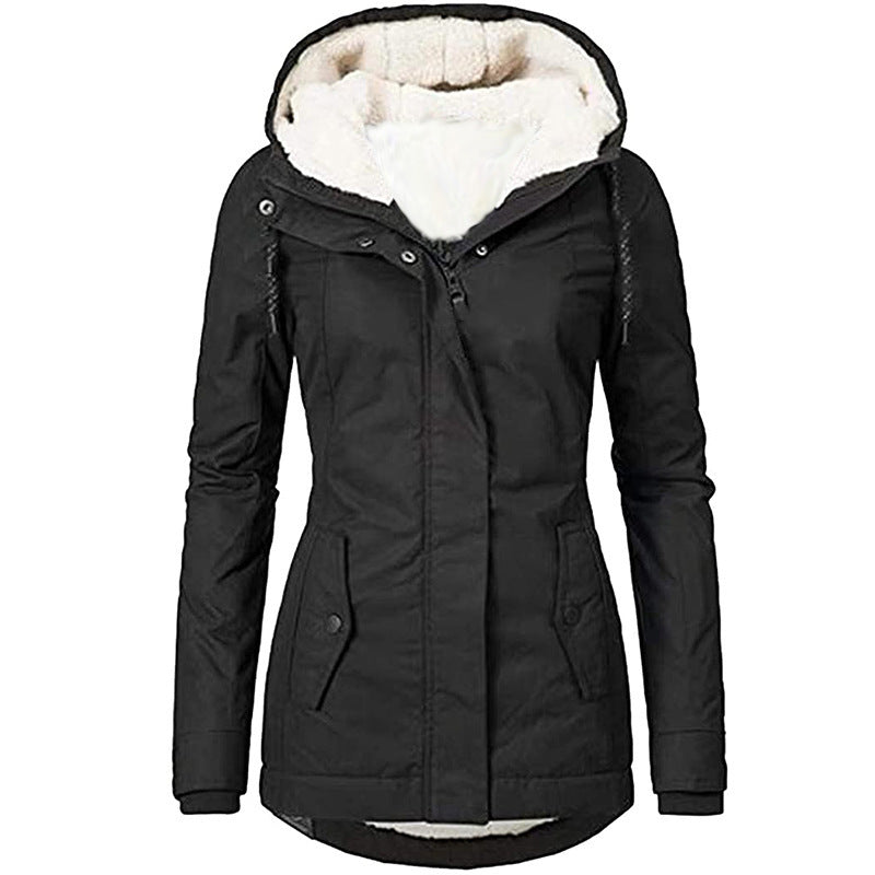 Solid Color Pocket Long-sleeve Zipper Fleece Padded Coat Women - RICALOUX