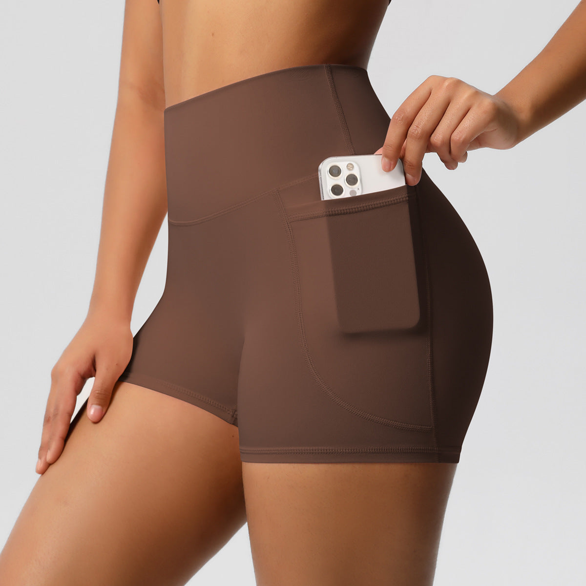 Brushed Solid Color Pocket High Waist Tight High Elastic Yoga Shorts – Premium 0 | RICALOUX