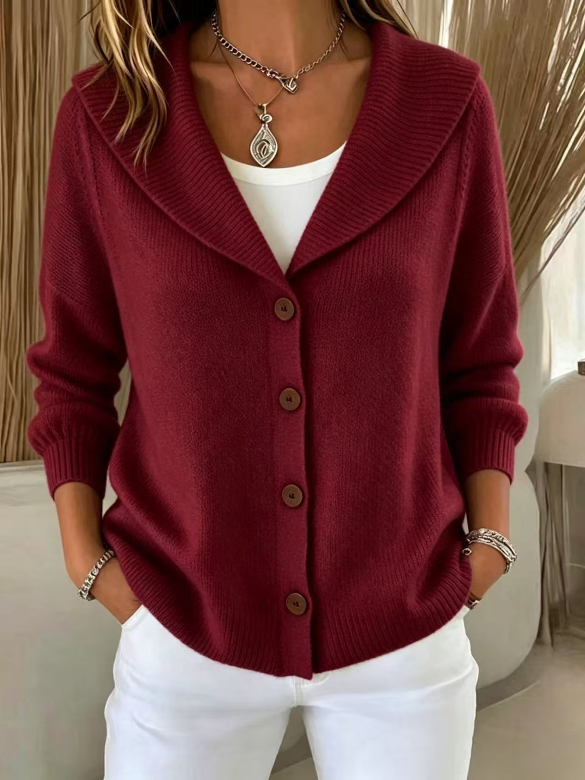 Womens Knitted Button-up Polo-neck Sweater by Ricaloux