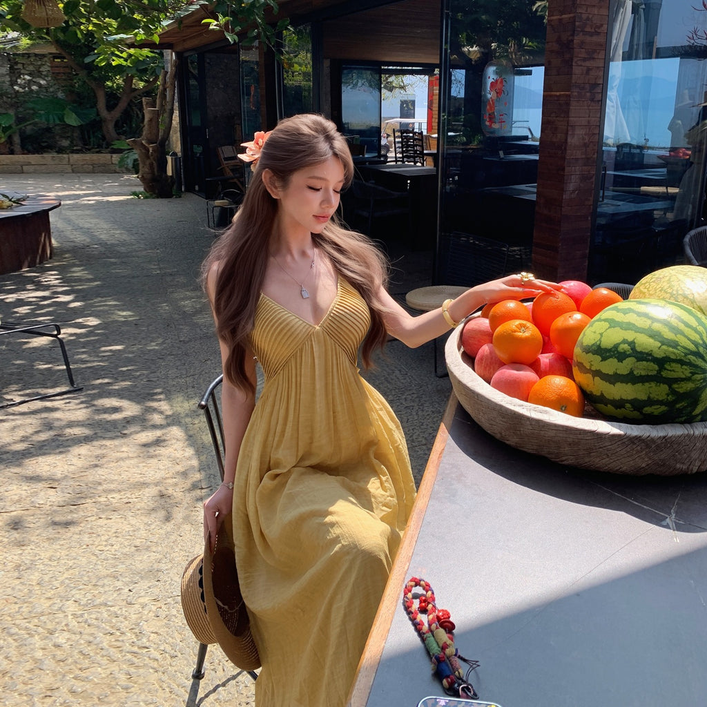 Stunning Yellow V-neck Tea-length Strap Dress For Summer by Ricaloux