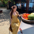 Stunning Yellow V-neck Tea-length Strap Dress For Summer by Ricaloux