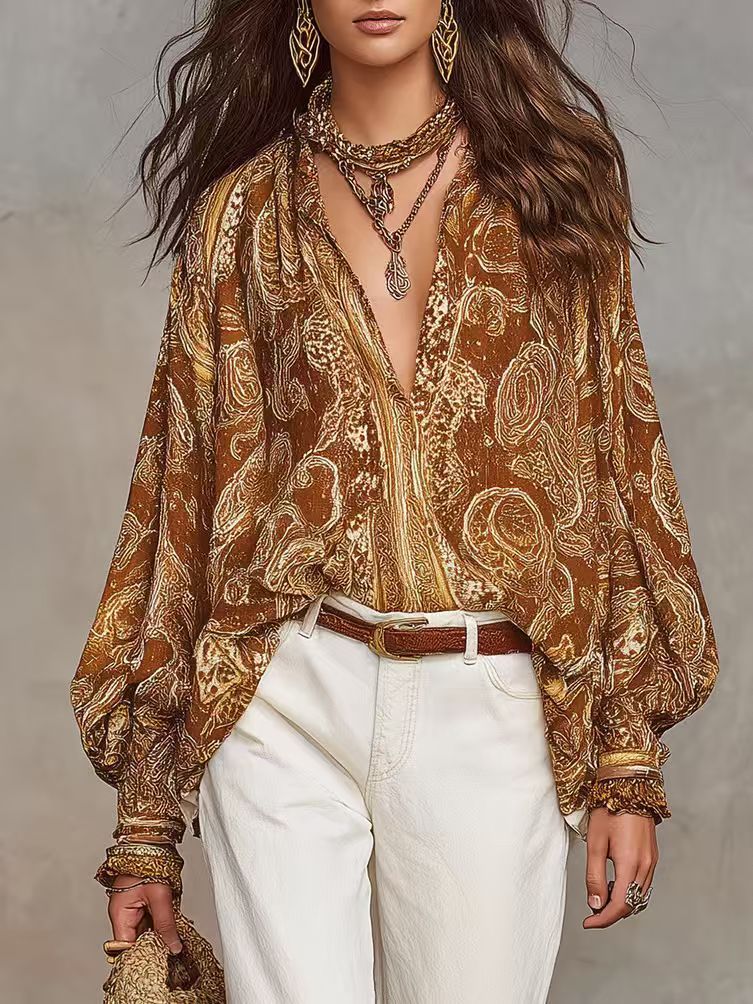 New Versatile Retro-print Long-sleeve Loose-fit Blouse, Womens Shirt by Ricaloux