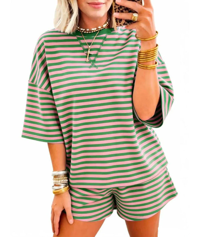 Womens Short-Sleeve Striped Print Two-Piece Set by Ricaloux