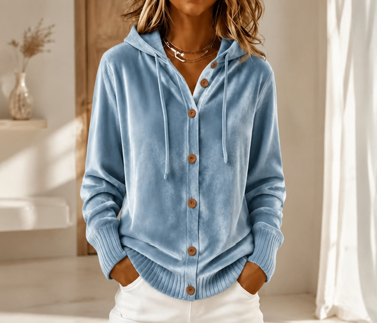 Buttoned Velvet Hooded Cardigan Solid-Color Coat For Women – Premium 0 | RICALOUX