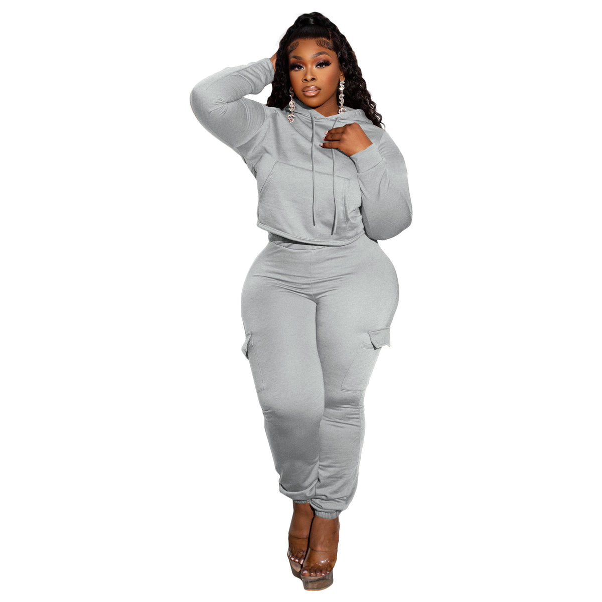 Fashionable Patchwork Fleece-Lined Hoodie And Workwear Pants Casual Two-Piece Set by Ricaloux