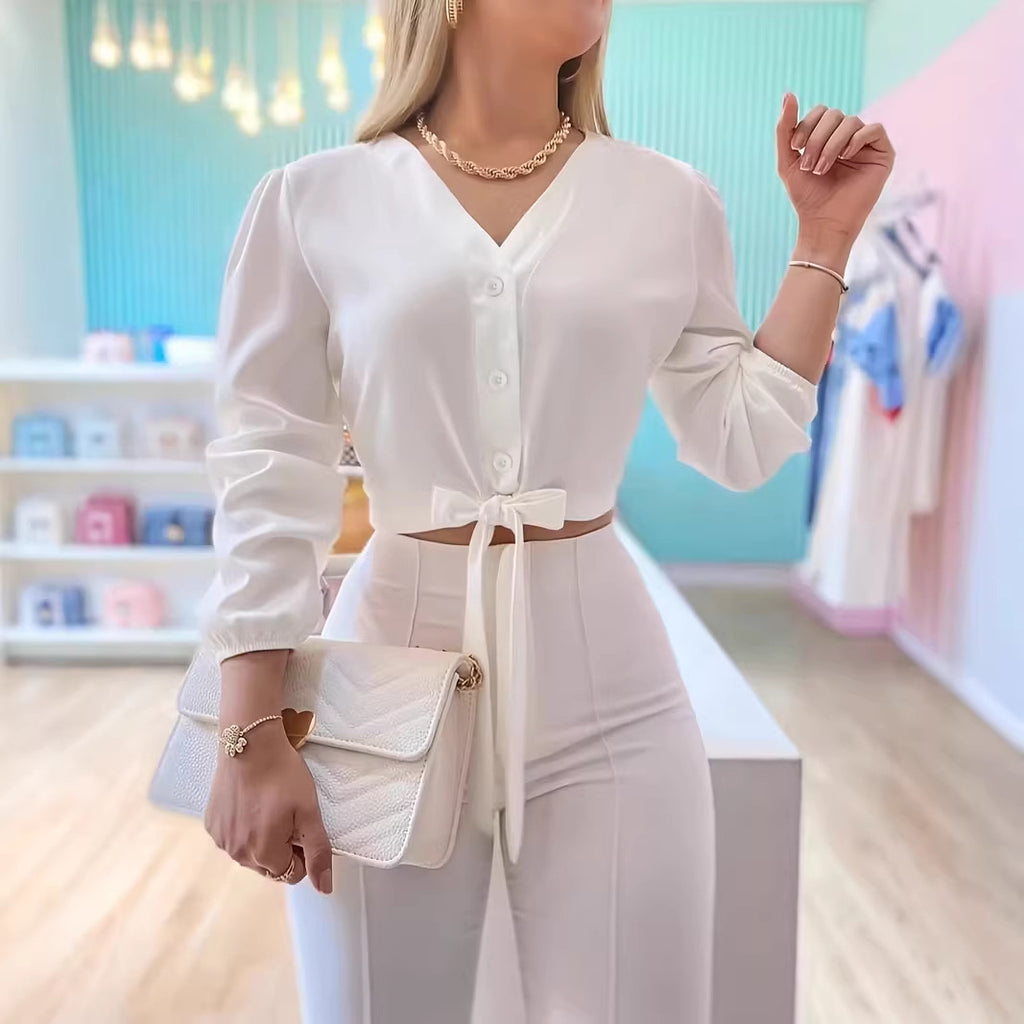 Long-sleeve Lace-up Casual Minimalist Cropped Blouse With Puff Sleeves – Premium 0 | RICALOUX
