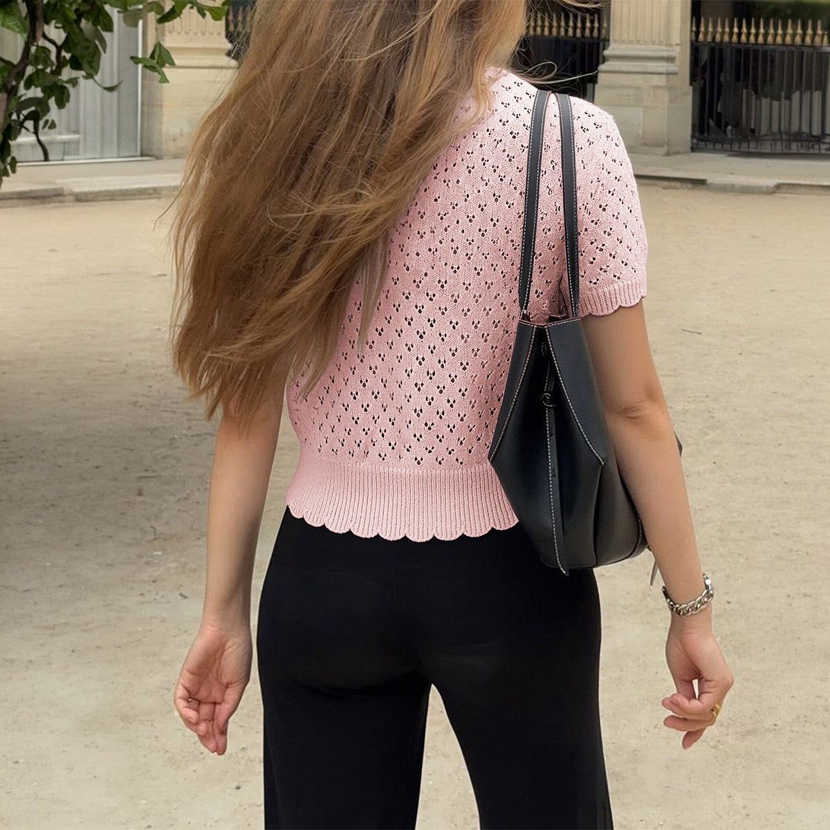 European And American French-style Soft Hollow-out Knitted Short-sleeved Cardigan Top by Ricaloux