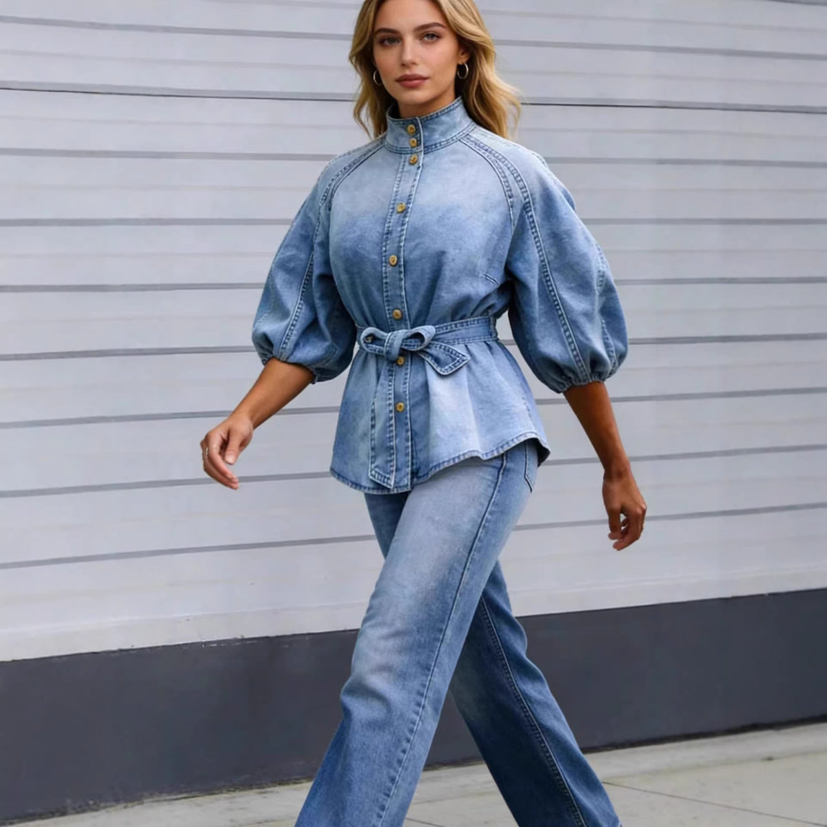 Lace-up Waist-cinching Bell-sleeve Cropped-sleeve Versatile Vintage Denim Shirt by Ricaloux