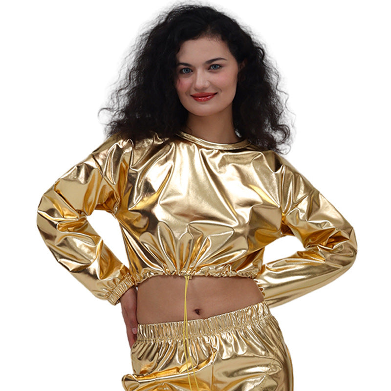 Long Sleeve Round Neck Drawstring Embossed Shiny Leather Sweatshirt – Premium 0 | RICALOUX