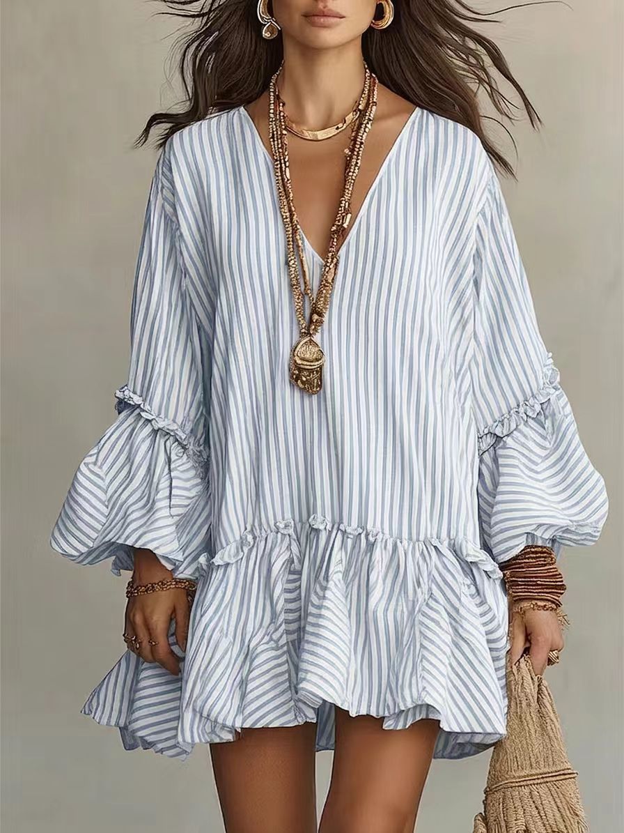 Womens Striped Print V-Neck Long-Sleeve Dress by Ricaloux