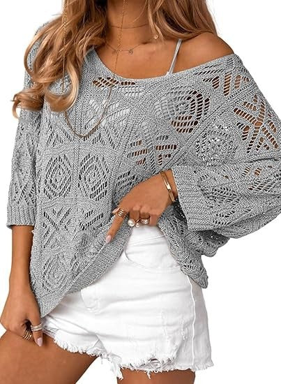 Crochet Hollowed-Out Three-Quarter-Sleeve Pullover Sweater – Premium 0 | RICALOUX
