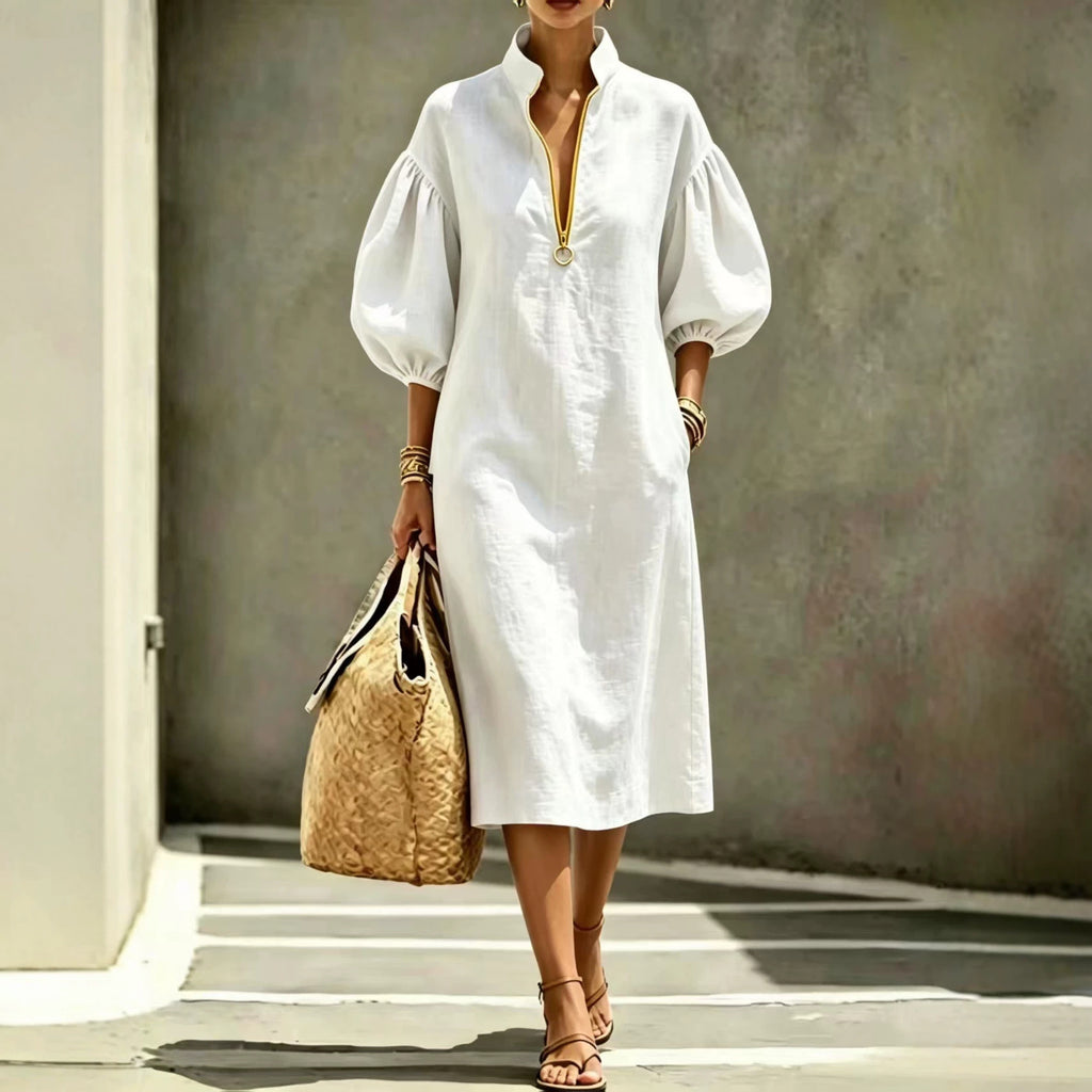 Summer Casual Loose-fit Stand-collar Puff-sleeve Dress by Ricaloux