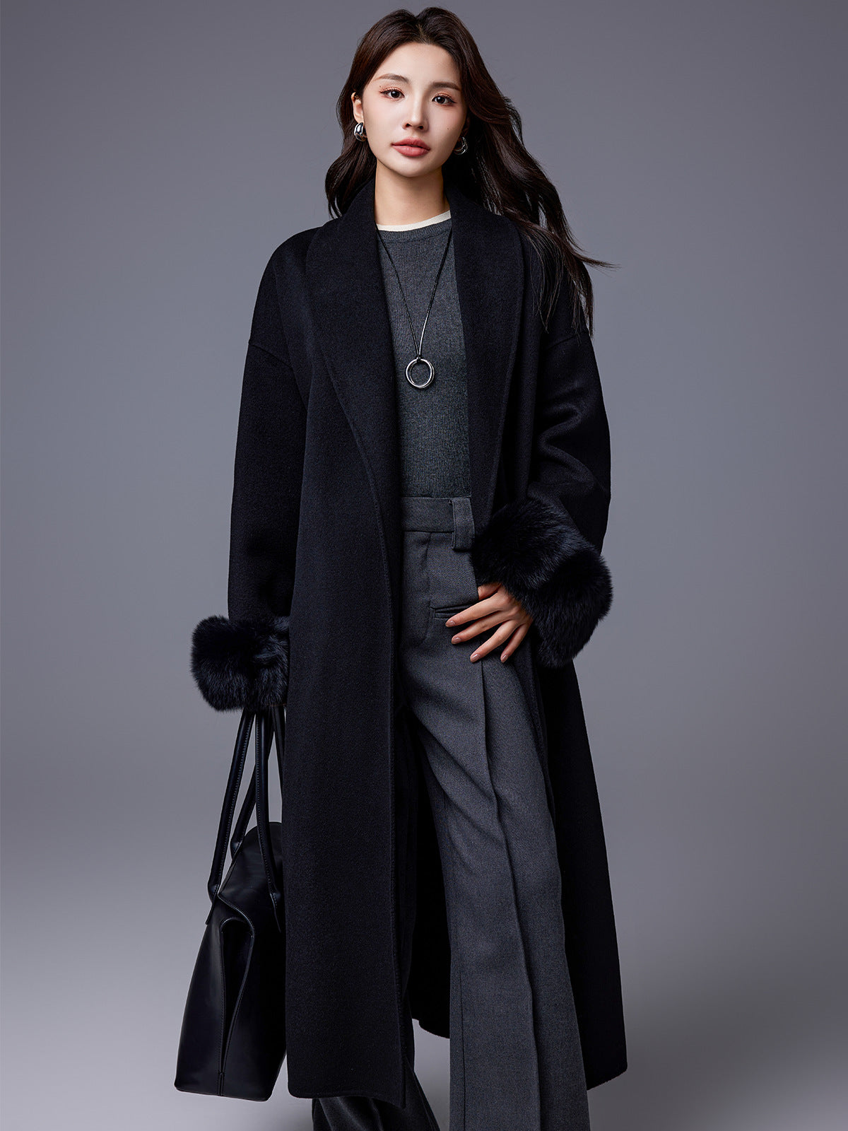 Thickened Coat With Fox-fur Sleeves Womens Belted Wool Blend by Ricaloux