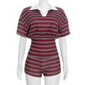 Womens Color-block Lapel Top And Shorts Set by Ricaloux