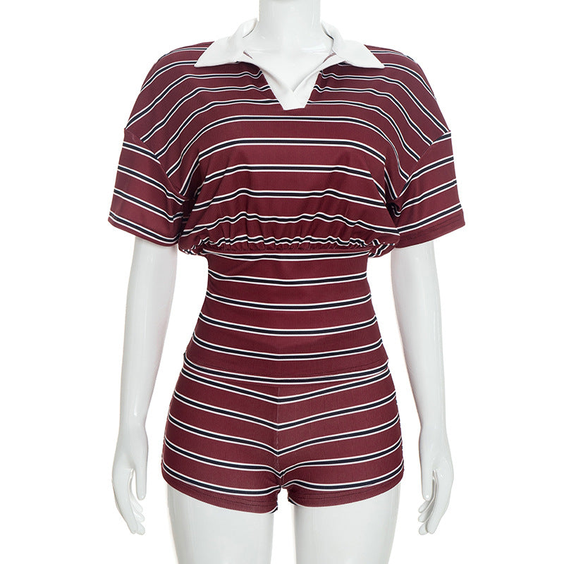 Womens Color-block Lapel Top And Shorts Set by Ricaloux