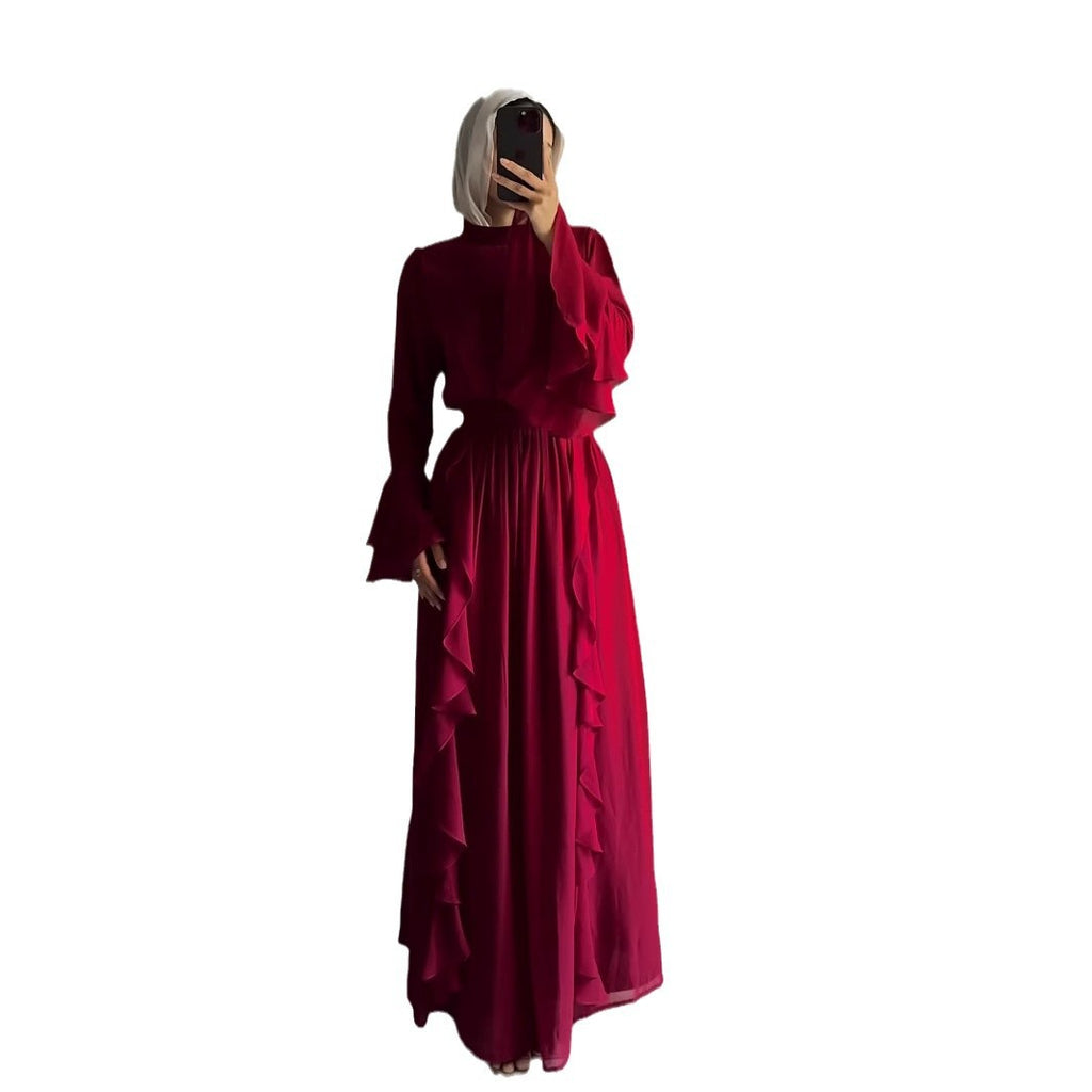 Chiffon Long Dress With Ruffled Trim And Panel Stitching by Ricaloux