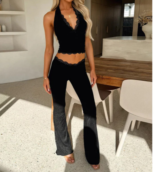 White Floral Lace Halter V Neck Crop Top Flare Pants Two Piece Set – Premium 4 | RICALOUX