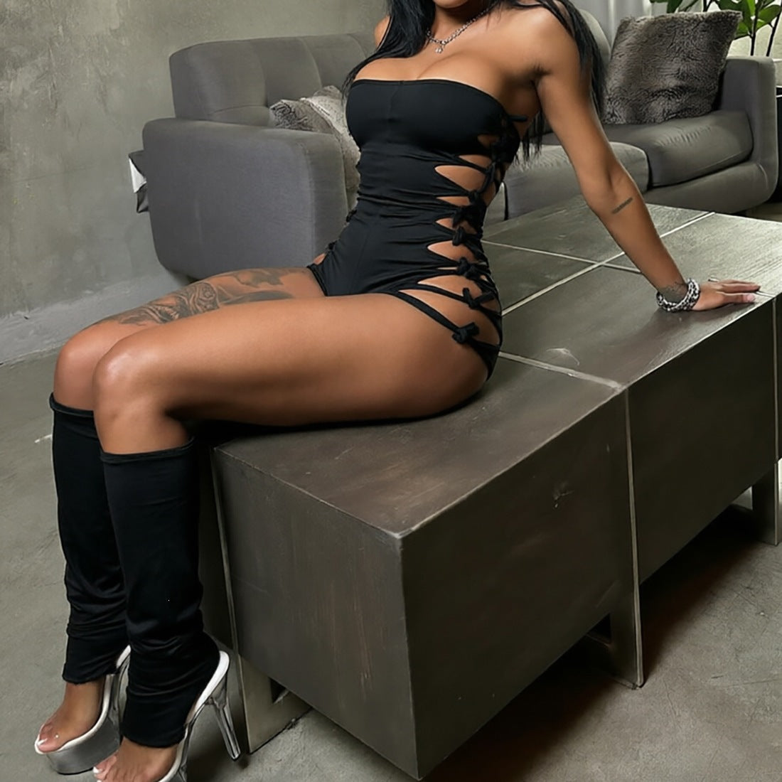 Womens Stylish Hollow-out Lace-up Bodysuit And Versatile Leg-sock Set – Premium 0 | RICALOUX