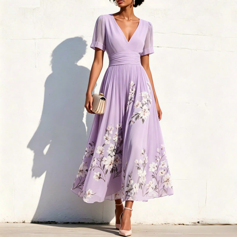 Womens Digital-Print Floral Long-Sleeve V-Neck Pleated Dress by Ricaloux