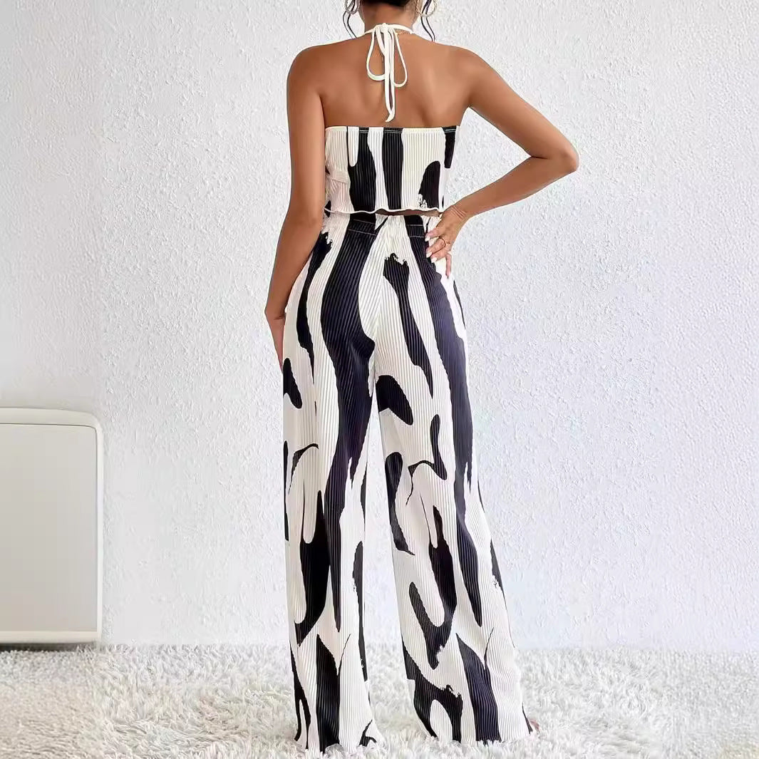 Large-Check Print Halterneck Wide-Leg Pants Casual Set by Ricaloux