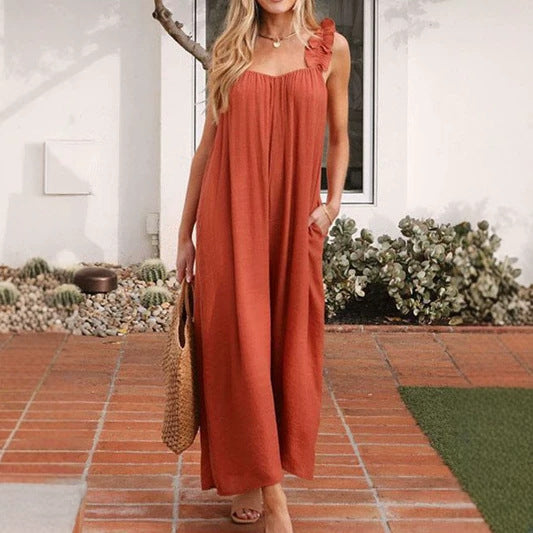 Casual Resort Wide-leg Pants With Straps Ruffled Edges And Pockets by Ricaloux