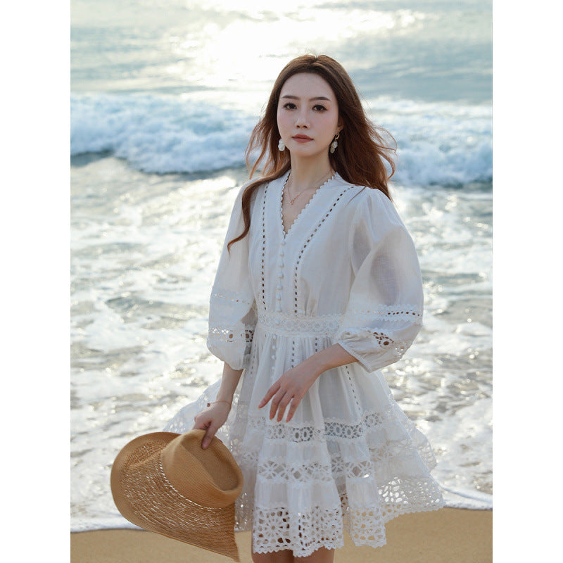 White Lantern-sleeve V-neck Dress – Premium 0 | RICALOUX