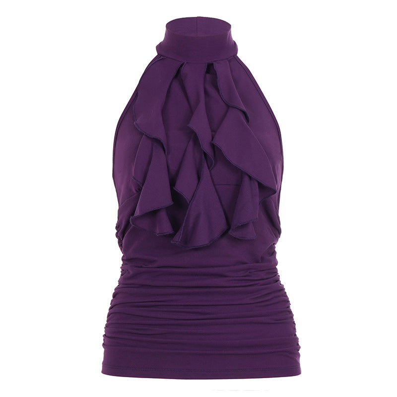 Niche Vintage-style Ruffled Halter-neck Turtleneck Top by Ricaloux