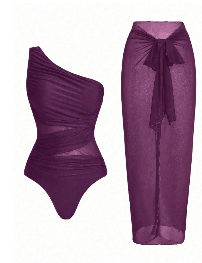 Mesh One-piece Swimsuit For Women European And American Style Tummy Covering And Figureflattering With A Wrap Skirt – Premium 0 | RICALOUX