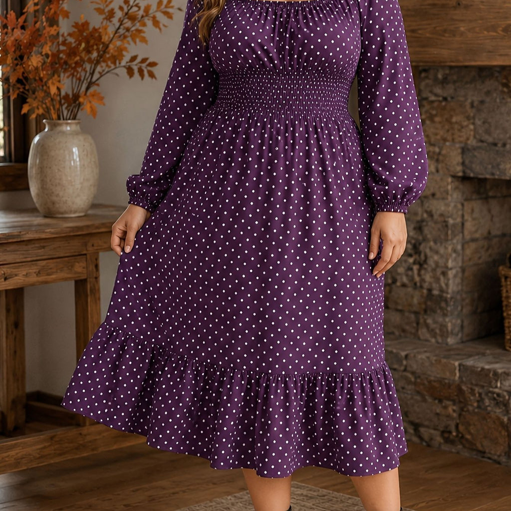 Polka-dot Plus-size Womens Dress Puff-sleeve Boat-neck Dress For Curvy Figures by Ricaloux