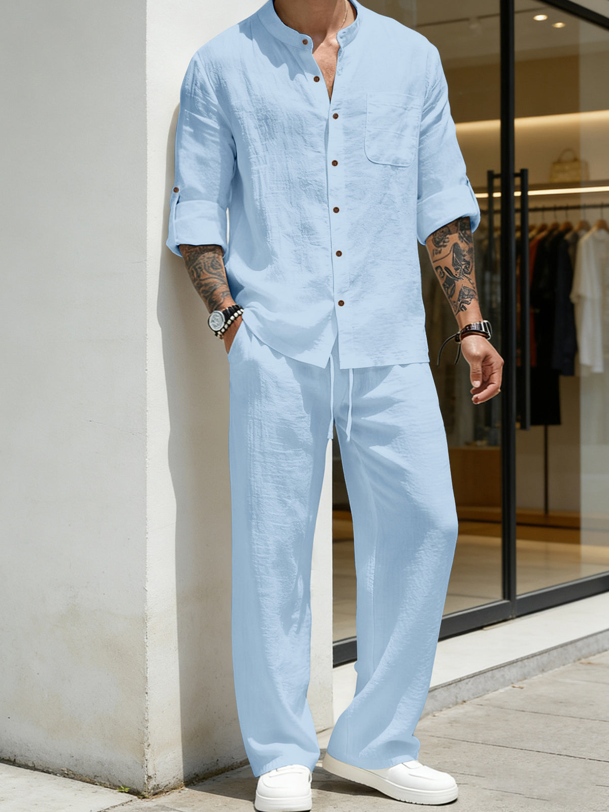 Mens Solid-Color Linen Long-Sleeve Shirt And Pants Two-Piece Set – Premium 0 | RICALOUX