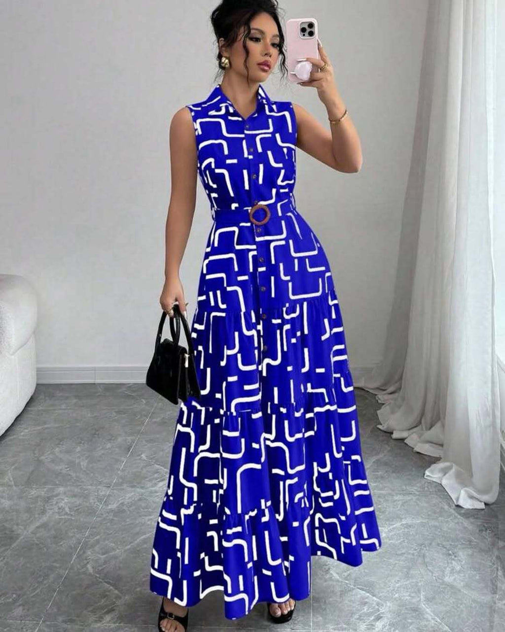 Printed-button Sleeveless Lace-up Shirt-collar Dress by Ricaloux