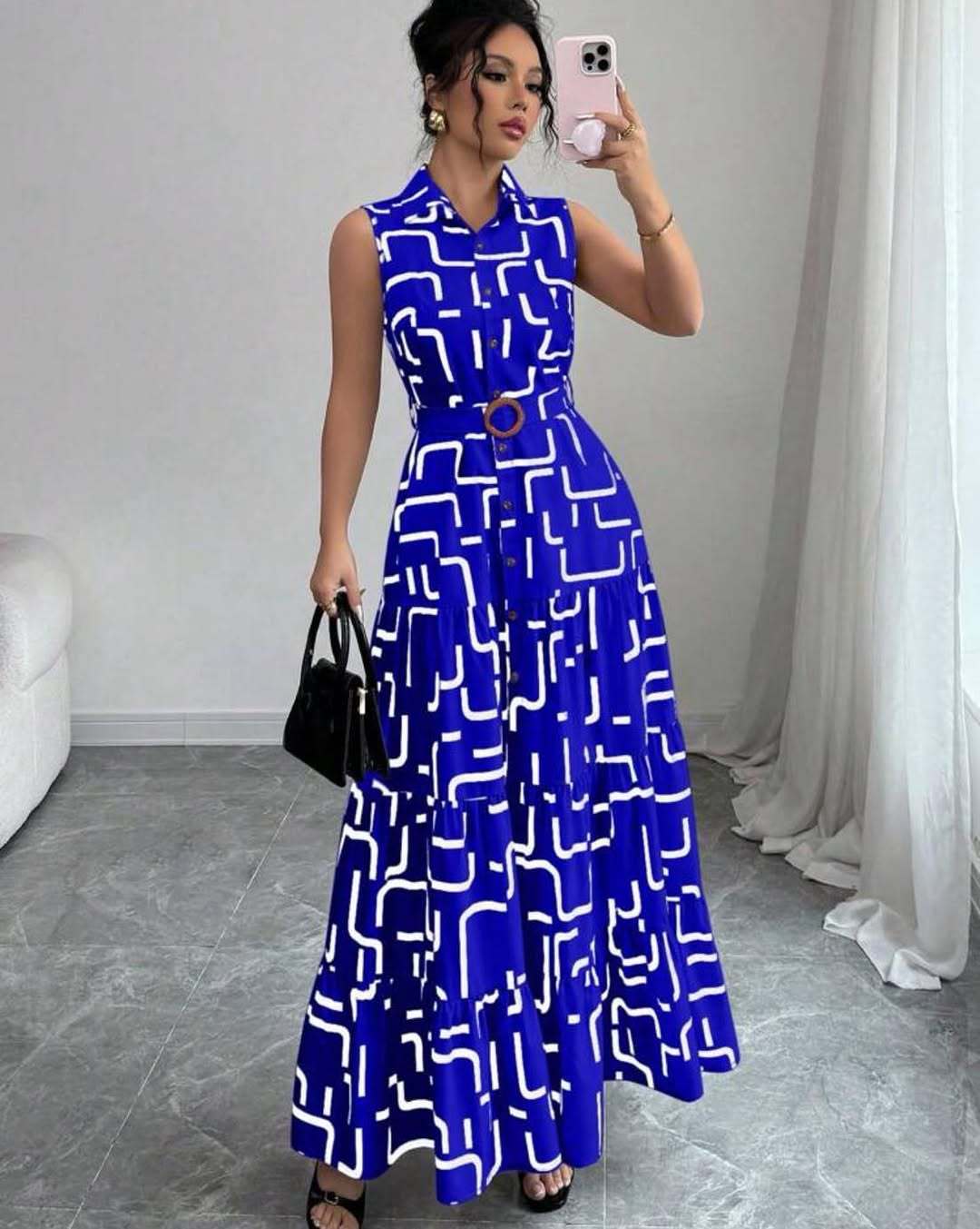 Printed-button Sleeveless Lace-up Shirt-collar Dress by Ricaloux