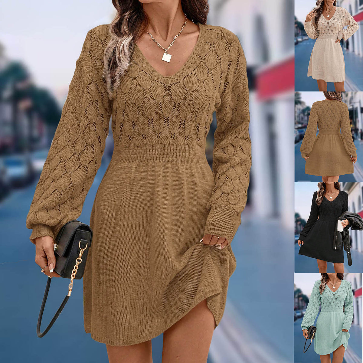 2025 Cross-Border Women V Neck Maxi Beach Dress, 3D Scale Textured Crochet Knit Long Sleeve A-Line Swim Cover Up Dress For Summer Vacation by Ricaloux