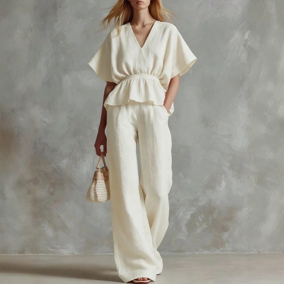Womens V-neck Cinched-top And Wide-leg Pants Two-piece Set by Ricaloux