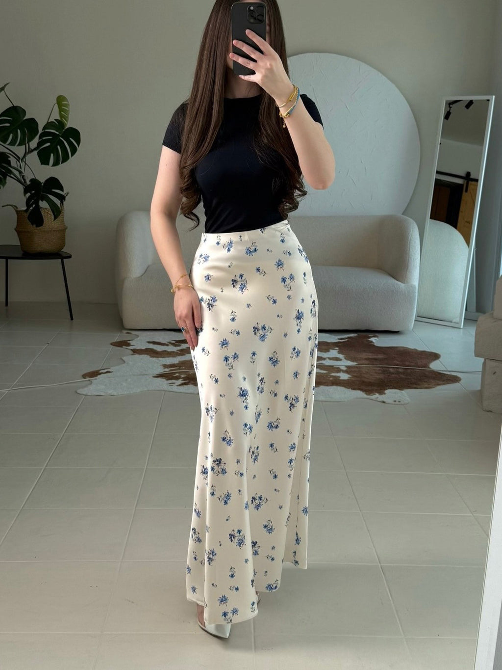 Base Ditsy Floral Print High Waist Satin Mermaid Midi Slip Skirt by Ricaloux