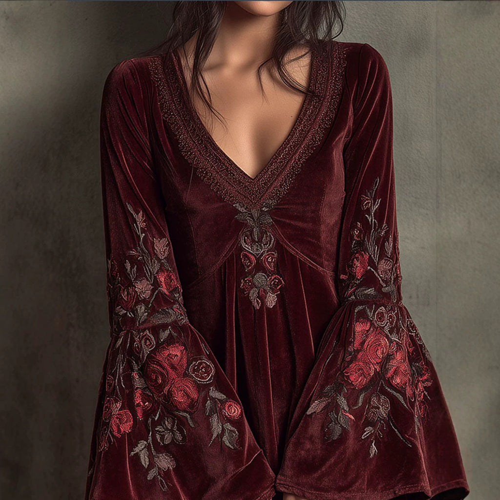 Bell-sleeved Burgundy Velvet Embroidered Mini Dress by Ricaloux