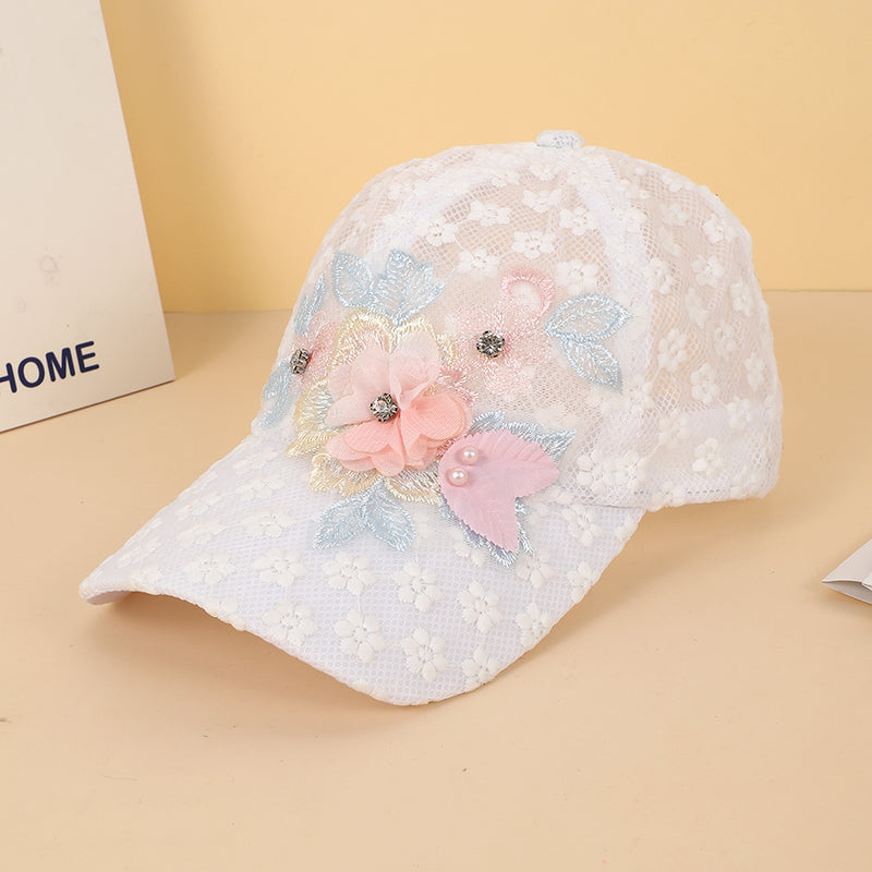 Summer Women's Powder-white Netting Lace Pearl Flower-decorated Adjustable Back-buttoned Fresh And Sweet Style Baseball Cap by Ricaloux