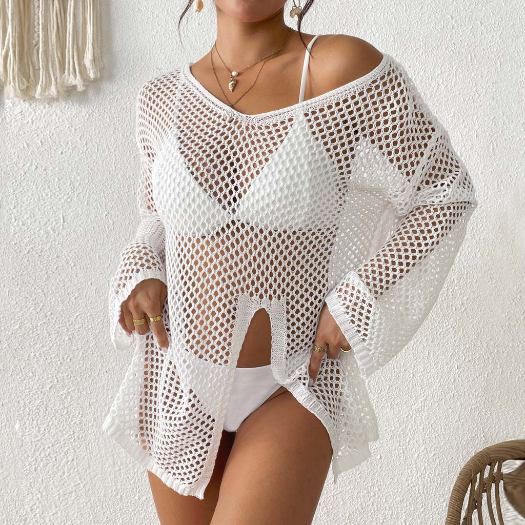 New Irregular V Neck Cover Up, Hollow Out Side Slit Bikini Beach Dress, Hot Selling European American Vacation Kimono Cardigan by Ricaloux