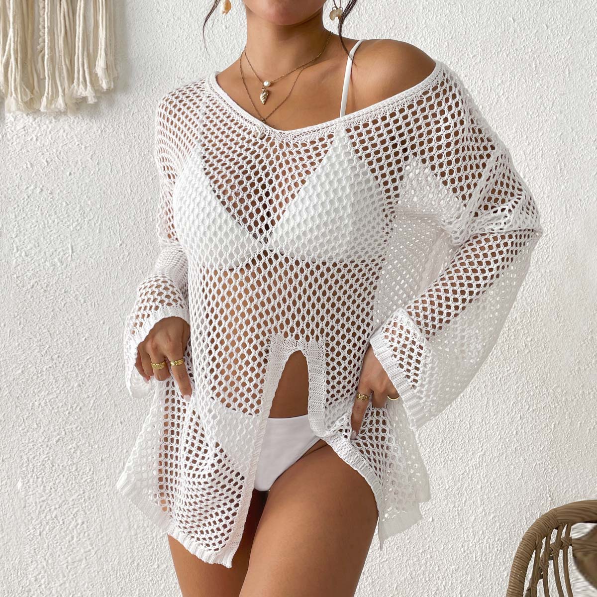 New Irregular V Neck Cover Up, Hollow Out Side Slit Bikini Beach Dress, Hot Selling European American Vacation Kimono Cardigan by Ricaloux