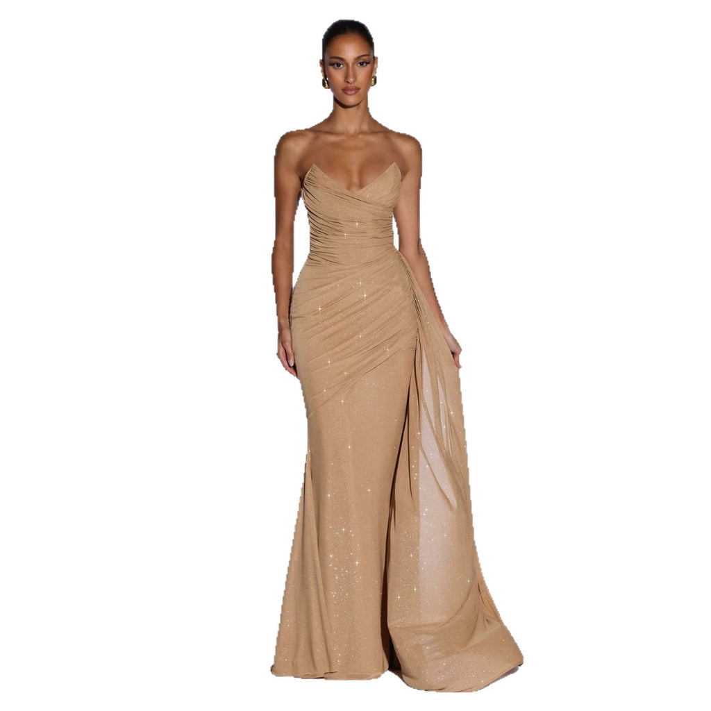 European And American-style Shimmering Strapless Waist-cinching Maxi Evening Gown With Crisscross Detailing by Ricaloux