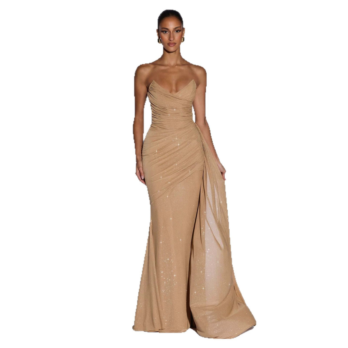 European And American-style Shimmering Strapless Waist-cinching Maxi Evening Gown With Crisscross Detailing by Ricaloux