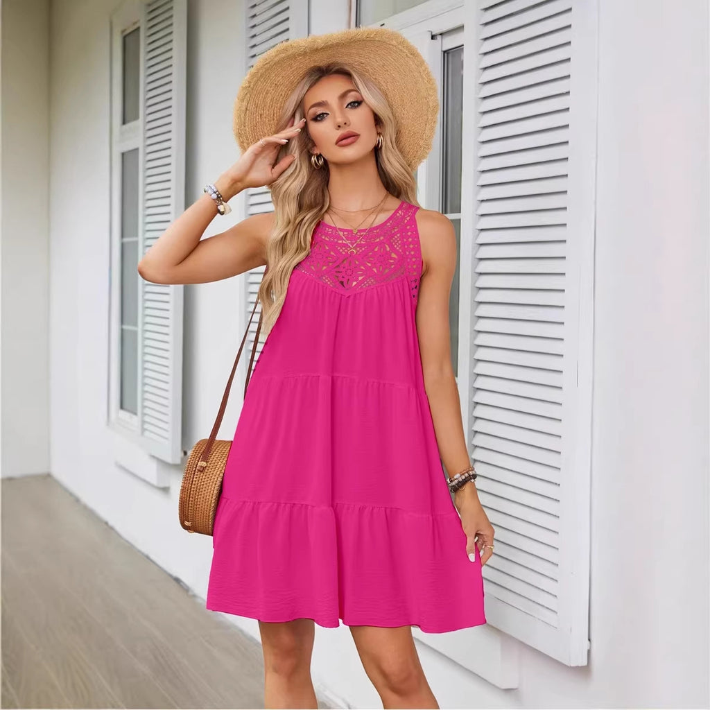 Womens Hollowed-Out Lace-Trimmed Halterneck A-Line Dress – Premium 0 | RICALOUX