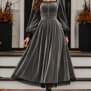 Square-neck Lace-panel Velvet Dress – Premium 0 | RICALOUX