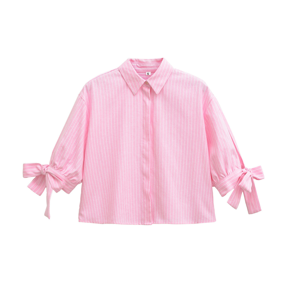 European And American-style Short Striped Blouse With A Bow Detail by Ricaloux