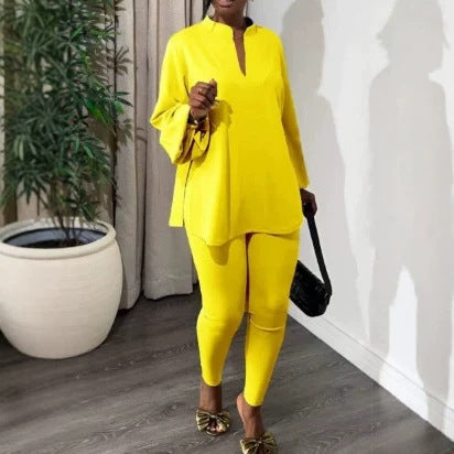 New Solid Color Split V-Neck Top & Skinny Pants Elegant Two-Piece Outfit by Ricaloux