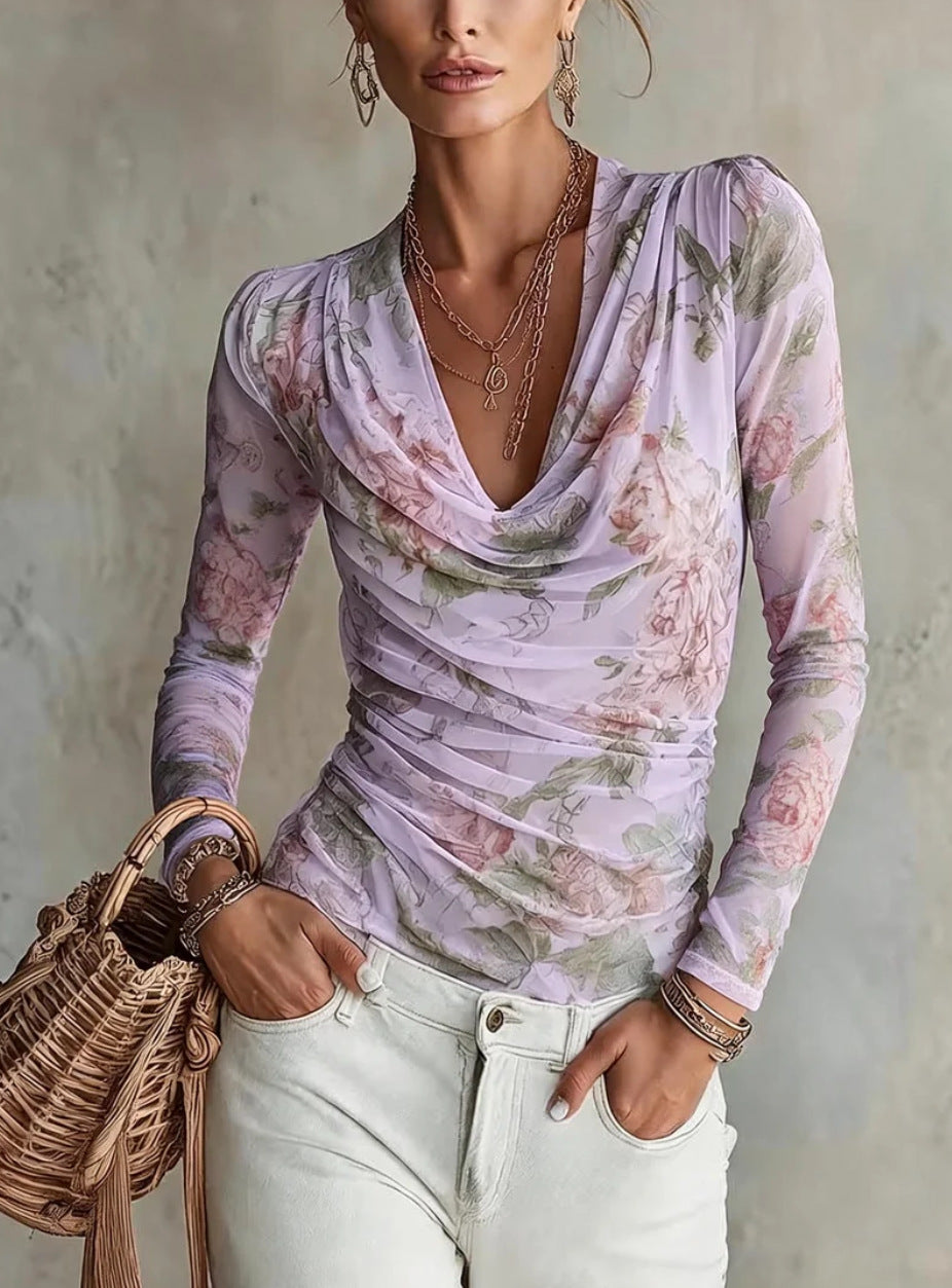 Womens Off-shoulder V-neck Cinched-waist Floral Chiffon Long-sleeve Top – Premium 0 | RICALOUX