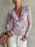 Womens Off-shoulder V-neck Cinched-waist Floral Chiffon Long-sleeve Top – Premium 0 | RICALOUX
