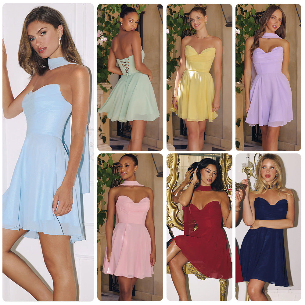 Party-hit Light-blue Halter-neck A-line Mini Skirt With Flowing Ribbons by Ricaloux