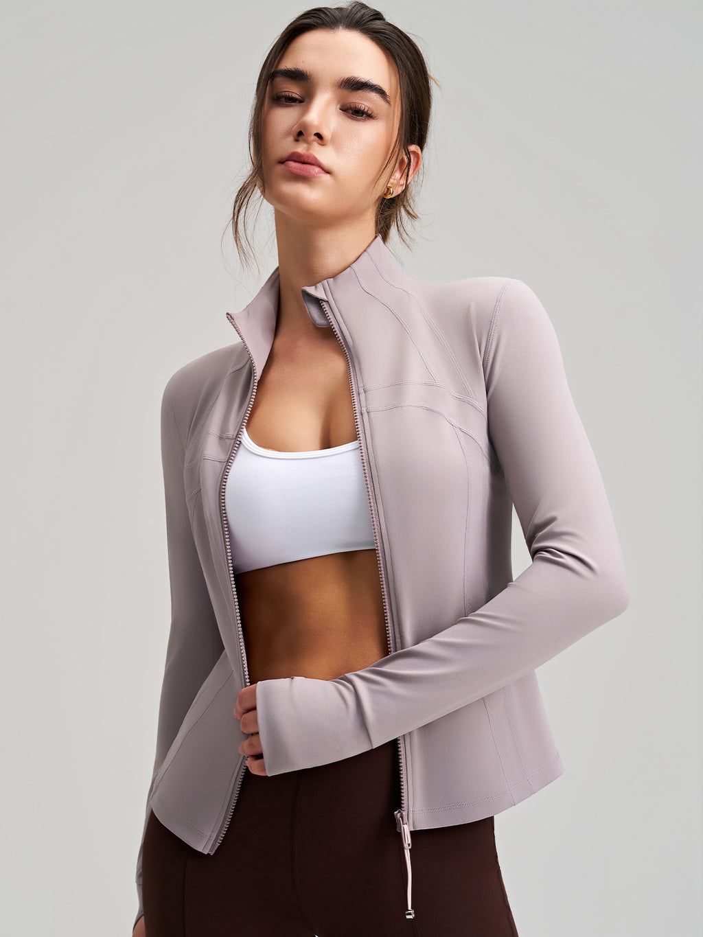 New Women's Slim-Fit Sports Jacket, Long-Sleeve Yoga Top With Finger Cuffs, Stand Collar Premium Yoga Wear by Ricaloux