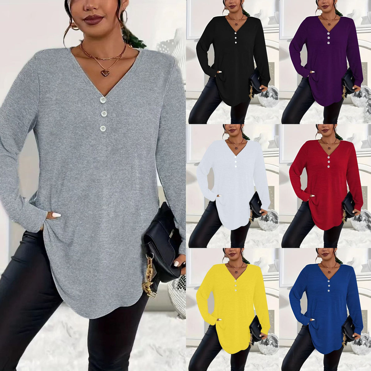 Womens Plus-Size Solid-Color Long-Sleeve Top With Buttons – Premium 0 | RICALOUX